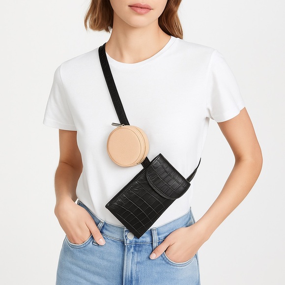 Cuyana Convertible Belt Bag Women’s OS Black Tan Leather Phone Pouch Crossbody - Picture 1 of 15